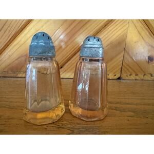 Vintage Amber Glass Salt Pepper Shakers Metal Lids Depression Style Pair